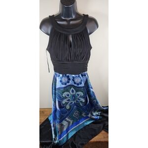 Sangria Womens Paisley Empire Waist Midi Dress Size 10 Petite Black Blue
